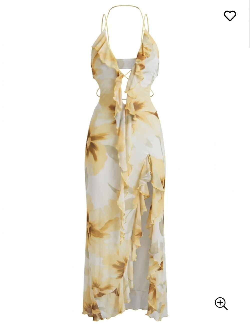 CROSSED HALTER FLORAL RUFFLE MAXI DRESS WITH SLIT
